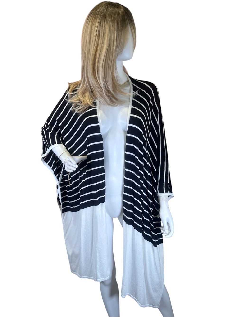 First Love Black and White Striped Open-Front Cardigan Shawl